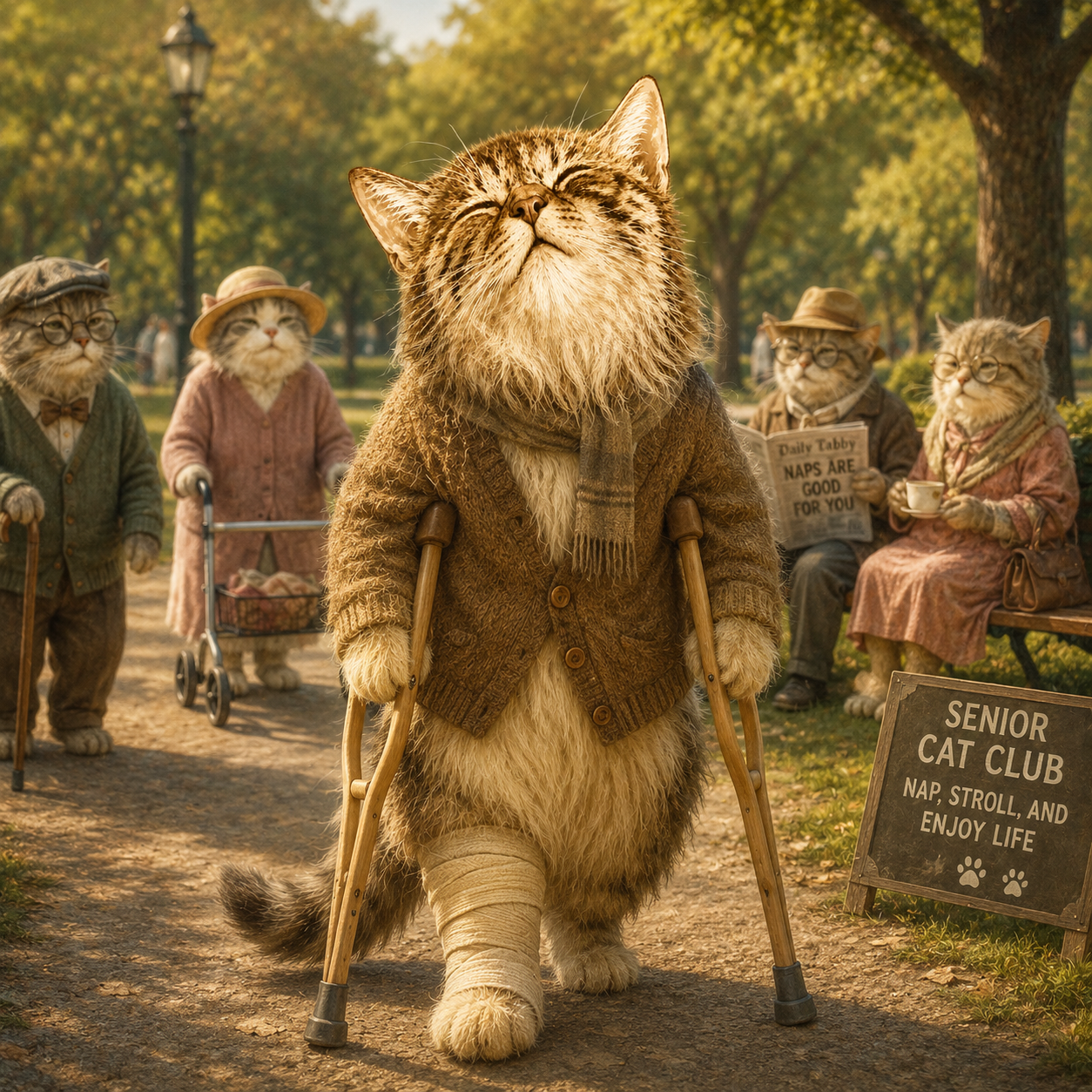OldCate strolling with the Senior Cat Club in the park