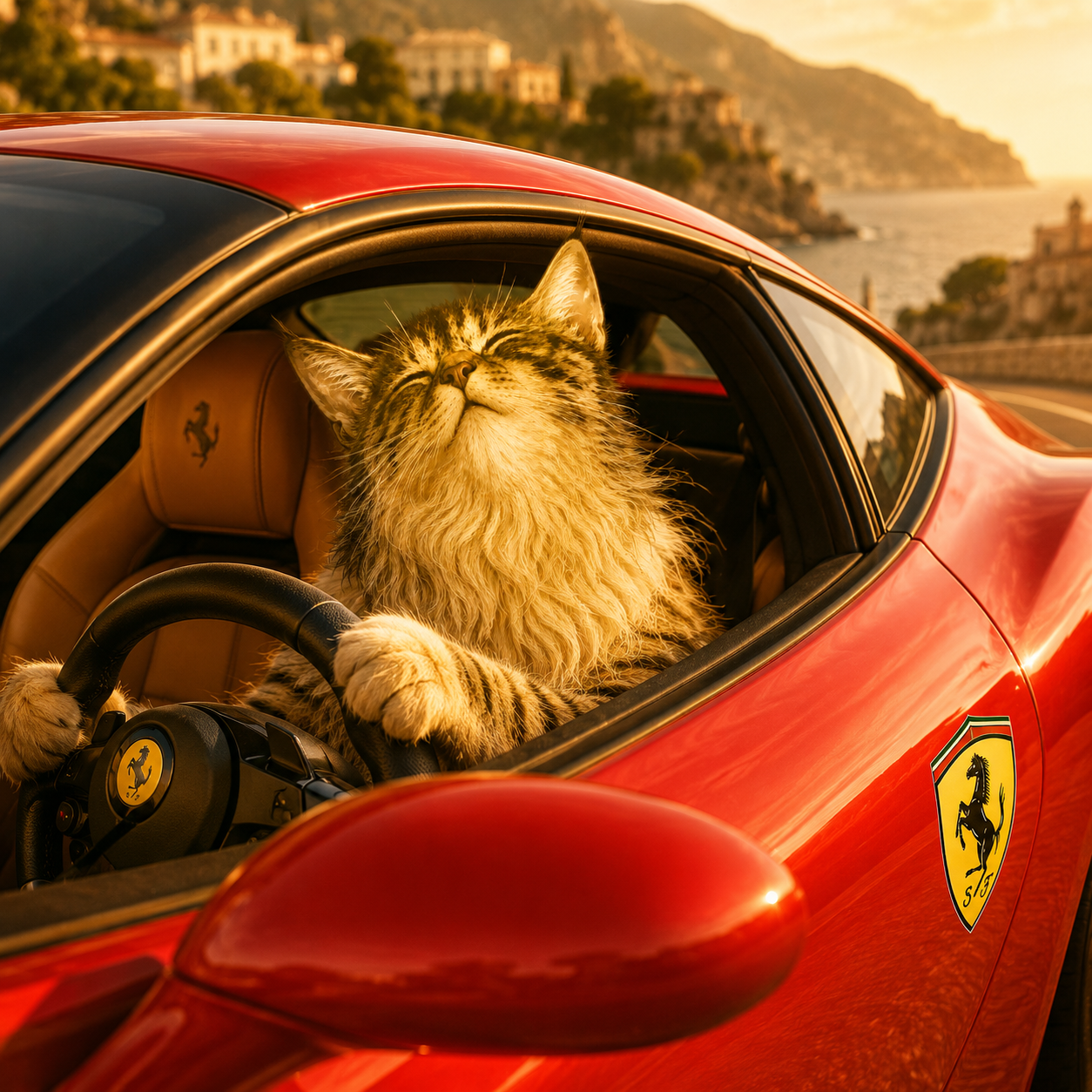 OldCate cruising in his red Ferrari along the coast